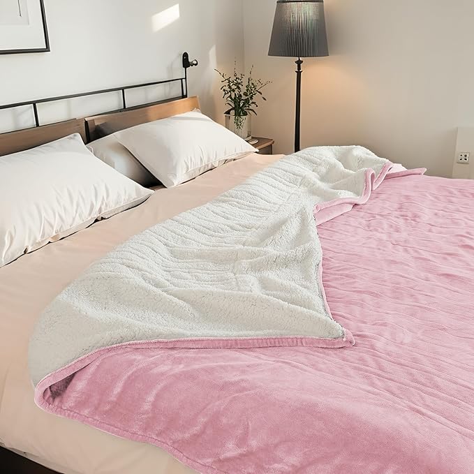 Electric Heated Blanket King Size 90"x100" - Dual-Sided with Microplush & Sherpa Fabric, 4 Heat Settings & 10 Hours Auto Off, Dual Controller, Machine Washable - Light Pink