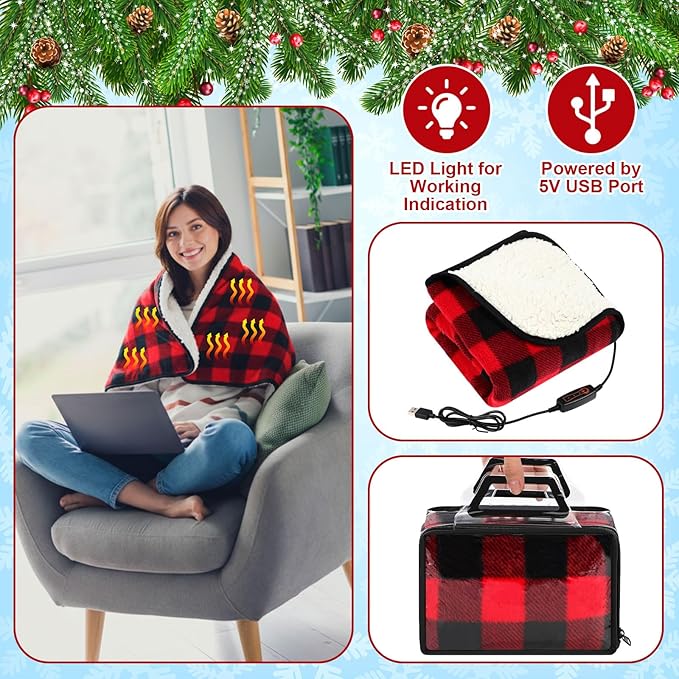 Tuanse 2 Pcs USB Heated Blanket 25"x35" Small Portable 5v 3 Setting Electric Blanket with Timer and Temperature Controller Winter Wearable Recharge Throw for Travel Home(Single Red and Black Plaid)