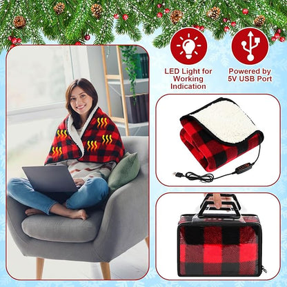 Tuanse 2 Pcs USB Heated Blanket 25"x35" Small Portable 5v 3 Setting Electric Blanket with Timer and Temperature Controller Winter Wearable Recharge Throw for Travel Home(Single Red and Black Plaid)