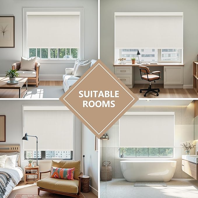 AOSKY Linen Roller Blinds Shades for Indoor Windows Pull Down Cordless Blackout Black Out Window Shade 46 Inch Blinds for Home Beige