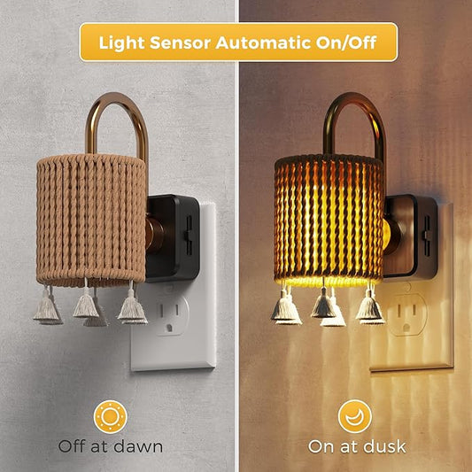 L LOHAS LED Night Lights Plug into Wall, Boho Fabric Cylinder Decor Night Light with Tassel, Dusk to Dawn Sensor, 0-100LM Dimmable Night Lights, Vintage Nightlight for Bedroom, Living Room, Hallway
