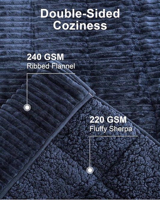 Sherpa Fleece Adult Weighted Blanket 20lbs with Ribbed Stripes, Dual Sided Fuzzy Warm Blanket for Couch Bed Sofa, Heavy Thick Blankets with Ceramic Beads Great for Sleep, Navy Blue, 60" x 80"