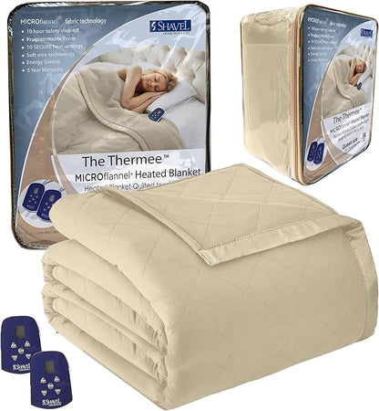 Thermee Micro Flannel Blanket Queen Size Heated Blanket with 10 settings, Programable Heating Blanket, Luxuriously Soft Heated Throw Blanket, Rapid Heating Thermal Blanket, Warm Blanket - Tan