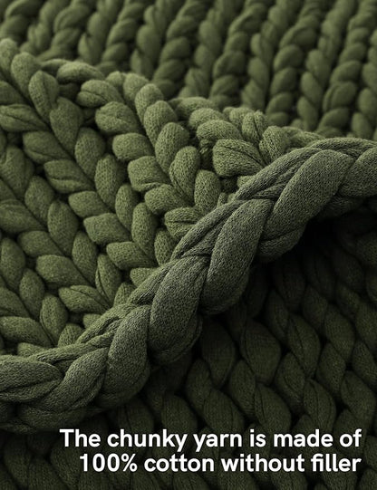 YnM Cotton Weighted Blanket, Handmade Chunky Knitted Design, Soft and Cozy, Temperature Regulating and Breathable, Machine Washable Throw for Sleep or Home Decor (Pine Green, 80x84 Inch, 35lbs)