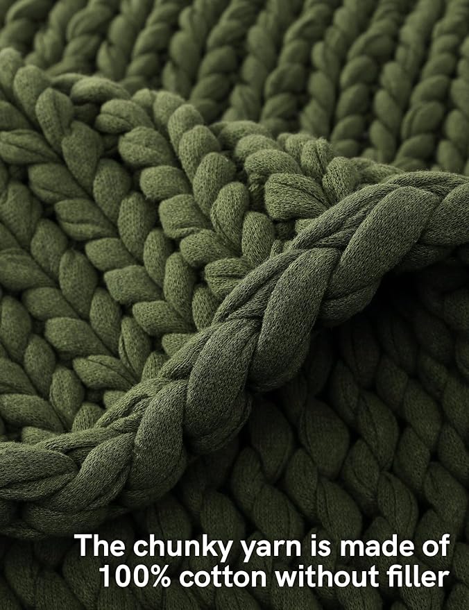 YnM Cotton Weighted Blanket, Handmade Chunky Knitted Design, Soft and Cozy, Temperature Regulating and Breathable, Machine Washable Throw for Sleep or Home Decor (Pine Green, 50x60 Inch, 15lbs)