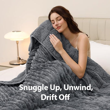 Sherpa Fleece Weighted Blanket with 3D Ribbed Stripes, 15 lbs Soft Flannel Heavy Throw Blanket for Couch Bed Sofa, Heavy Thick Blankets with Glass Beads, Great for Sleep, 48" x 72"