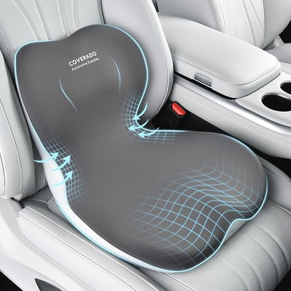 Coverado Upgraded Car Seat Cushion and Lumbar Support Pillow One Piece, Memory Foam Ergonomic Back Support Driving Seat Cushion for Back Pain, Non-Slip Washable Cushion for Car, Driver, Office