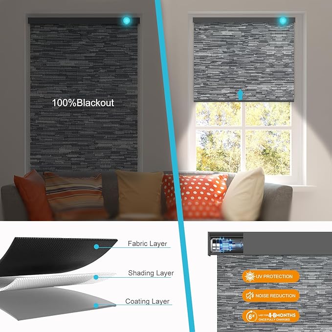 Motorized Blinds with Remote, Smart Blind Roller Shades Compatible with Alexa, Durable Rechargeable Battery Solar Power Electric Window Blinds Customized Size (Jacquard Dark Grey)