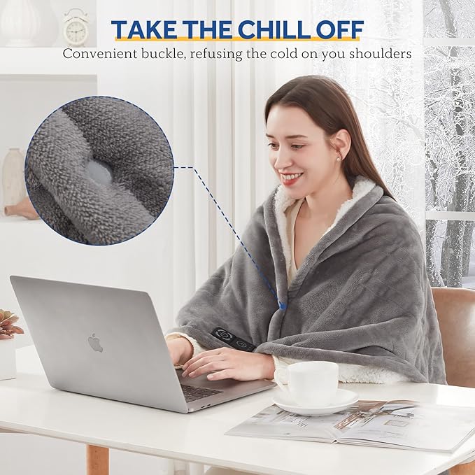 Sealy Heated Blanket Throw with Built-in Button Controller, Reversible Flannel to Sherpa Electric Blanket with 2-10 Hours Auto-Off & 4 Heating Levels, Over-Heat Protection, 50x60 inch, Light Grey
