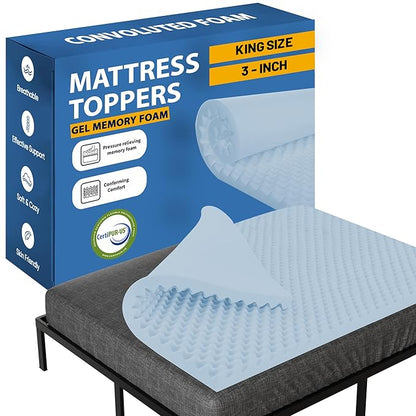 Greaton, 3-Inch Premium Convoluted Gel Memory Foam Toppers for Enhanced Comfort and Support, King, Blue