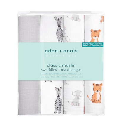 aden + anais Essentials Muslin Swaddle Blankets for Baby Girls and Boys, Newborn Receiving Blanket for Swaddling, 100% Cotton Baby Swaddle Wrap, 4 Pack, Safari Babes