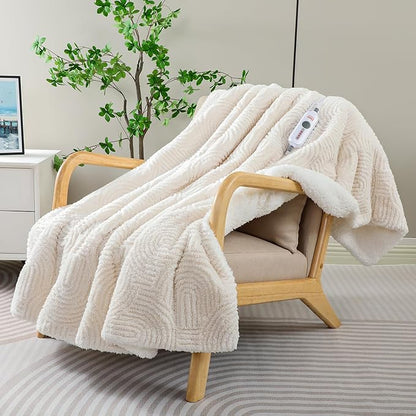 Heated Throw Blanket Electric - 50"x60" Cozy Soft Jacquard Heating Blanket with 4 Heat Levels & 4 Hours Auto-Off, Electric Throw with Overheating Protection, Warm Gifts, Cream