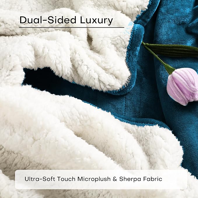 Electric Blanket Twin Size 62" x 84", Thickened Flannel and Sherpa Heated Blanket,10 Hours Timer Auto-Off,5 Heating Levels, Machine Washable, Lake Blue&White