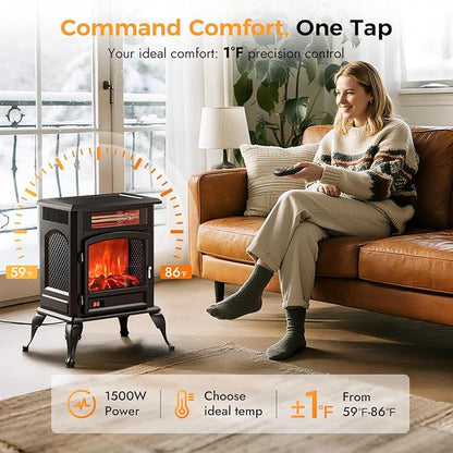 Electric Fireplace Stove Heater - Freestanding Electric Fireplace Heater with 3D Flame Effect, 1500W Infrared Electric Stove Heater for Indoor Use with Thermostat, Tip-Over&Overheat Protection