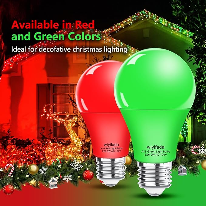 2 Pack A19 LED Red Green Light Bulbs,9W Christmas Light Bulbs Replace to 100W, 120V E26 Dimmable Colored Light Bulb for Halloween， Home Lighting, Party Decoration, Holiday Lighting