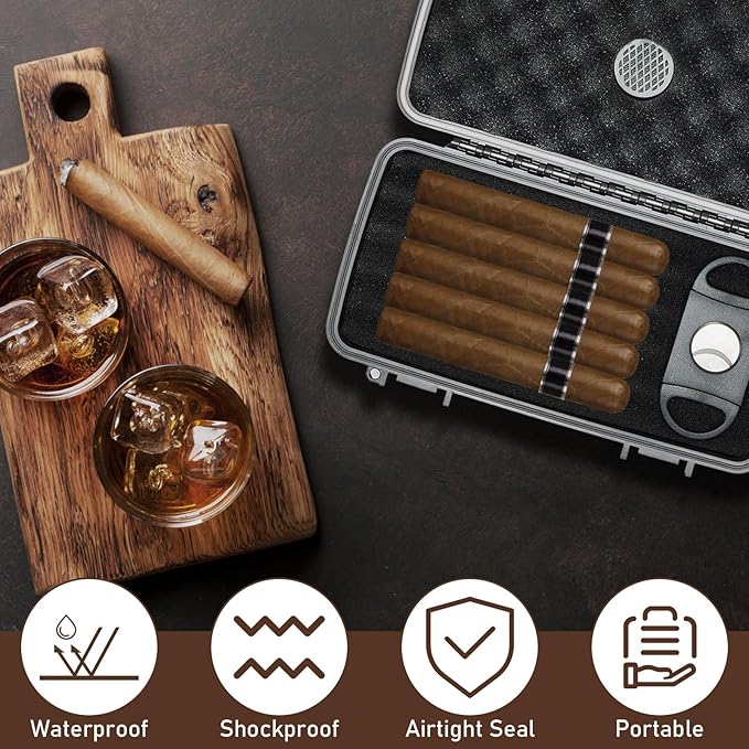 Travel Cigar Humidor Case, Portable Humidor Cigar Box with Humidifier & Cigar Cutter, Waterproof, Crushproof and Airtight Cigar Case for 5 Cigars-Cigar Accessories Cigar Gifts for Men