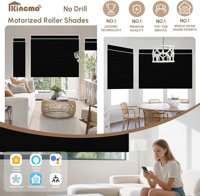Kincmo No Drill Motorized Blinds with Remote, 100% Blackout Roller Shades for Windows, Custom Electric Blinds Compatible with Alexa, Apple Homekit, Google Home (100% Blackout Waterproof Vinyl Black)