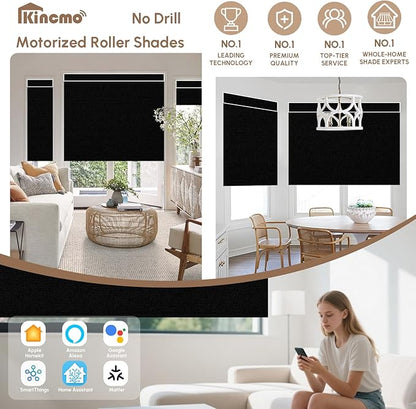 Kincmo No Drill Motorized Blinds with Remote, 100% Blackout Roller Shades for Windows, Custom Electric Blinds Compatible with Alexa, Apple Homekit, Google Home (100% Blackout Waterproof Vinyl Black)