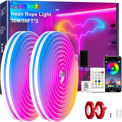 Cozylady 120Ft (60Ft * 2 Rolls) RGB LED Neon Rope Lights for Bedroom, 36m LED Strip Lamp with Double Sided Adhesive Tape, App/Remote Control DIY Lights Decorate The Outdoor and Indoor of Your Home