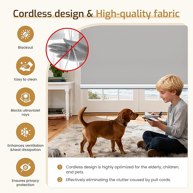 Grandekor No Drill Motorized Blinds with Remote, Blackout Roller Shade Electric Smart Remote Control Blinds, Fit for APP and Voice Control Gray-Blackout 28" W x 48" H
