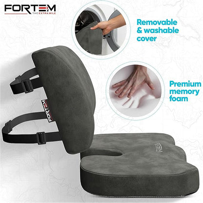 FORTEM Seat Cushion, Office Chair Cushion, Lumbar Support Pillow for Office Chair, Memory Foam Sciatica Coccyx Tailbone Pressure Pain Relief, Car Sitting Pad, Washable Non Slip