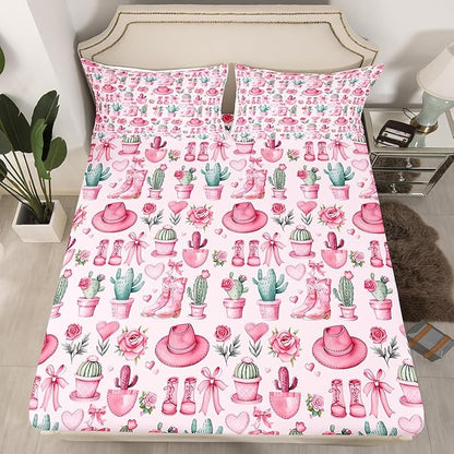 Western Cowgirl Bed Cover(1 Fitted Sheet+1 Pillow Case),Pink Bowknots Dreamy Roses Flowers Bedding Set for Room Decor,American Tribal Boots Hats Desert Cactus Bed Sheet Set,3Pcs Full Size
