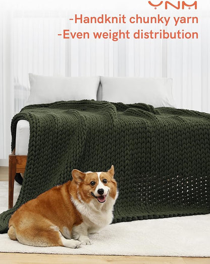 YnM Cotton Weighted Blanket, Handmade Chunky Knitted Design, Soft and Cozy, Temperature Regulating and Breathable, Machine Washable Throw for Sleep or Home Decor (Pine Green, 50x60 Inch, 15lbs)
