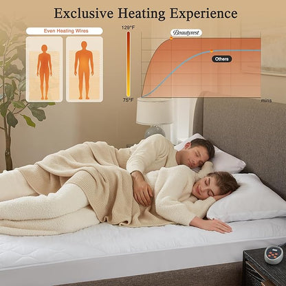 Beautyrest Cotton Heated Mattress Pad - Bed Warmer with 20 Heat Settings Controller, Auto Shut Off Timer, All Around Elastic Deep Pocket, UL Certified, Machine Washable, White Cal King