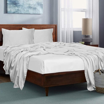 LINENWALAS California King Size Flat Sheet Only, Rayon Derived from Bamboo Top Sheet, Hotel Luxury Silk Sheets for Cal King Size Bed, Stain & Fade Resistant Cooling Bed Sheets (Cal King, White)