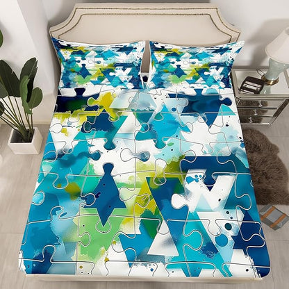 Manfei Abstract Geometric Bed Sheet Queen Size,Watercolor Blue Green Paint Sheets,Modern Geometric Grids Lines Splicing Bedding Sets (1 Fitted,1 Flat,2 Pillowcases) Deep Pocket Bed Sheets