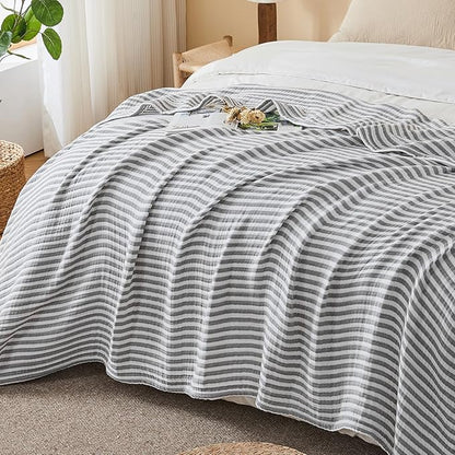 EMME Cotton Muslin Queen Blanket Bed Layering Bedspread Coverlet Breathable Gauze Soft Lightweight Adults (Striped Grey, 90"x90")