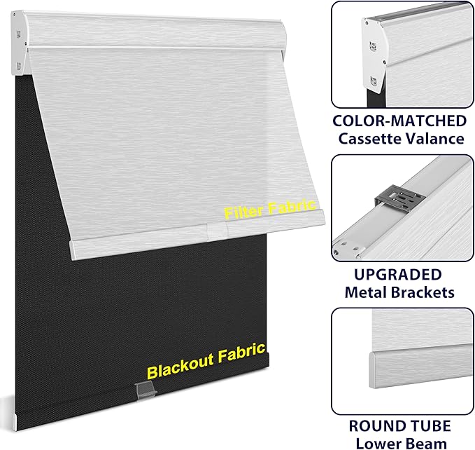 BERISSA Motorized Blinds with Remote,Dual Roller Shades,Blackout&Light Filtering Smart Blinds for Windows,Remote Control,Customized Automatic Electric Shades with USB/Solar Pannel.Custom Color