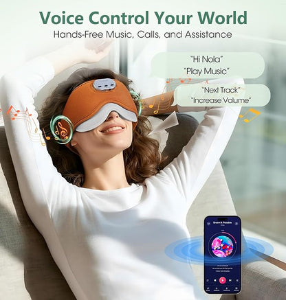 LC-dolida Voice Control Bluetooth Sleep Mask, Bamboo Cotton Bluetooth Sleep Headphones with 3D Zero-Pressure Cups and Timer Setting, Total Blackout Sleep Eye Mask for Side Sleepers, Orange