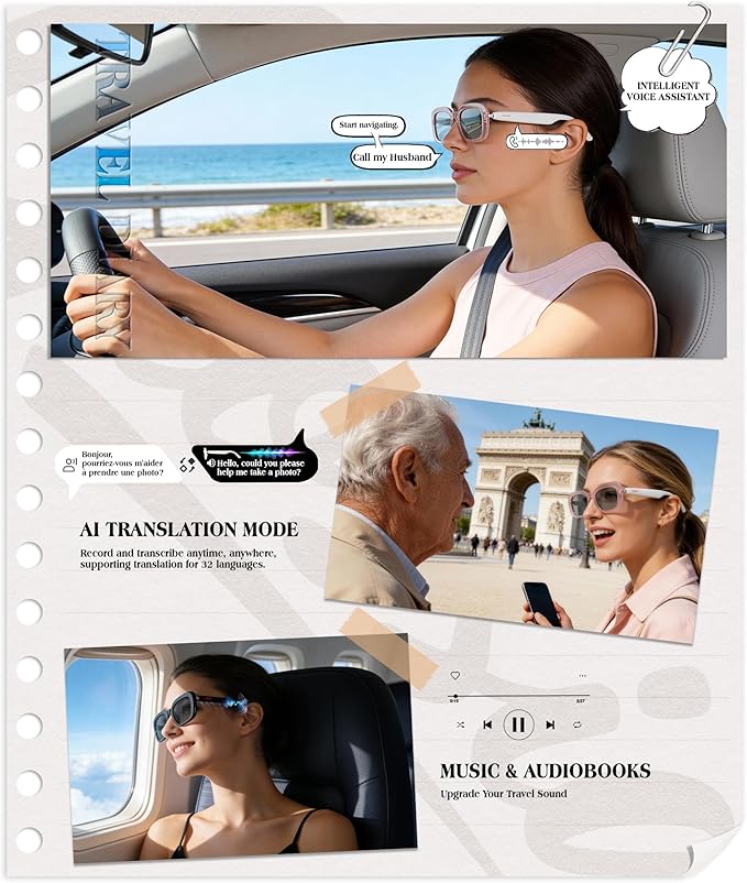 AI Smart Glasses, Bluetooth Glasses for Women Men, Bluetooth Sunglasses with UV Protection, Hands-Free Calls, Music and Voice Control for Outdoor Travel