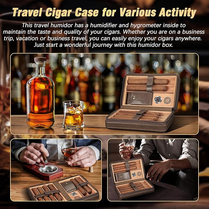 TISFA Cigar Travel Humidor for Cigars Portable Cigar Humidor with All in one Cigar Torch Lighter, Cigar Humidifier, Hygrometer, Cigar Accessories Gift Set, Cedar Wood Lined Cigar Case (Textured Brown)