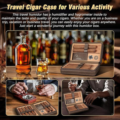 TISFA Cigar Travel Humidor for Cigars Portable Cigar Humidor with All in one Cigar Torch Lighter, Cigar Humidifier, Hygrometer, Cigar Accessories Gift Set, Cedar Wood Lined Cigar Case (Textured Brown)