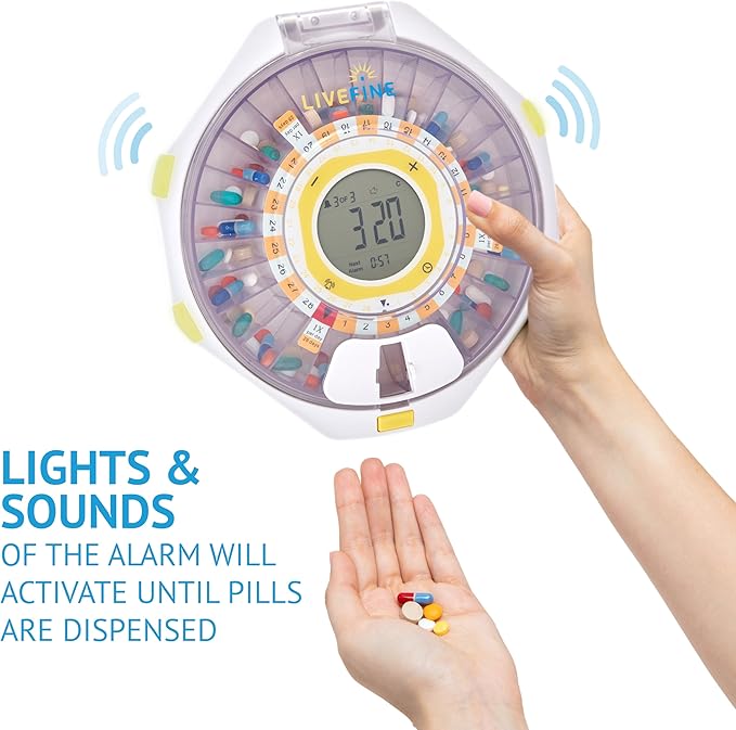 LiveFine Bluetooth Automatic Pill Dispenser, 28-Day Capacity, Sound & Light Alerts, Key Lock, LCD & Easy Setup on The LiveFine App for Prescriptions, Medications, Vitamins & Supplements - Clear Lid
