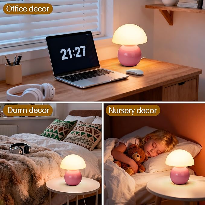 Small Mushroom Lamp,USB-Plug in Bedside Table Lamps with 3-Temperature LED Bulb Dimmable,Unique Cute Aesthetic Home Decor for Living Room,Bedroom, Modern Ceramic Base Glass Lamp(Pink)