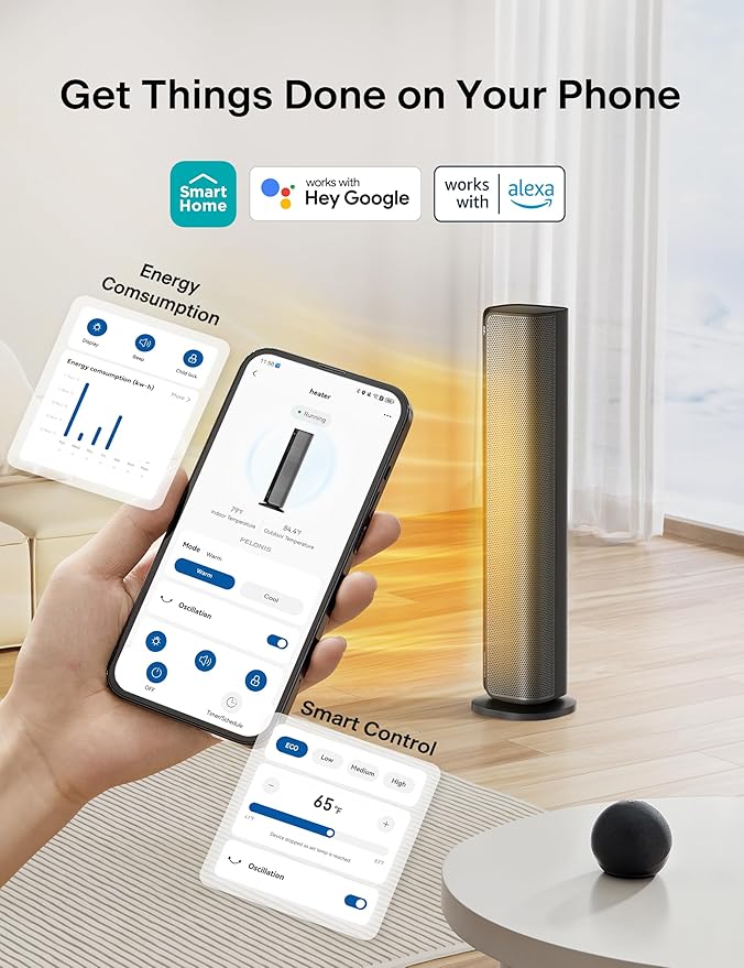 PELONIS Space Heater Large Room, 30" Smart Electric Heaters with Thermostat, App & Voice Remote, 4 Heat Settings, ECO Mode, 24H Timer, Oscillating Tower Heaters for indoor use, Bedroom, Office