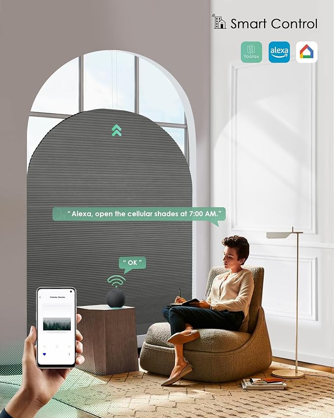 Yoolax Smart Cellular Shades, Motorized Elongated Arch Honeycomb Blinds Motorized Blinds with Remote Compatible with Alexa, Customized Elongated Arch Cellular Shades (Blackout Dark Grey)