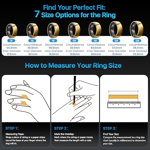 Smart Ring Health Tracker - 24/7 Fitness & Sleep Tracking with Heart Rate Monitor, IP68 Waterproof Activity Tracker for Men/Women, 50+ Workout Modes, 7-Day Battery(Gold 12#)