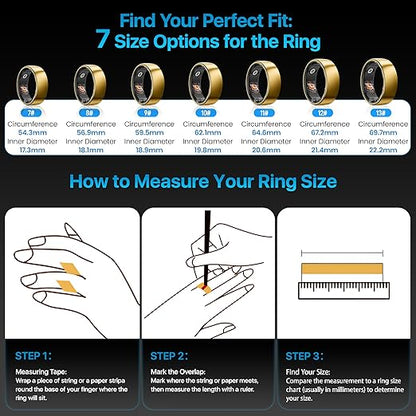 Smart Ring Health Tracker - 24/7 Fitness & Sleep Tracking with Heart Rate Monitor, IP68 Waterproof Activity Tracker for Men/Women, 50+ Workout Modes, 7-Day Battery(Gold 12#)