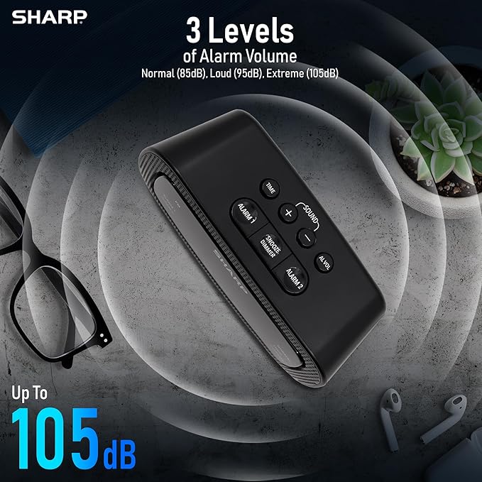 Sharp Shockwave Alarm Clock for Heavy Sleepers – 105dB Ultra-Loud Wake-Up, Air Horn, School Bell, Train Whistle, Beep, Dual Alarms, 3 Adjustable Volumes, LED Display Dimmer
