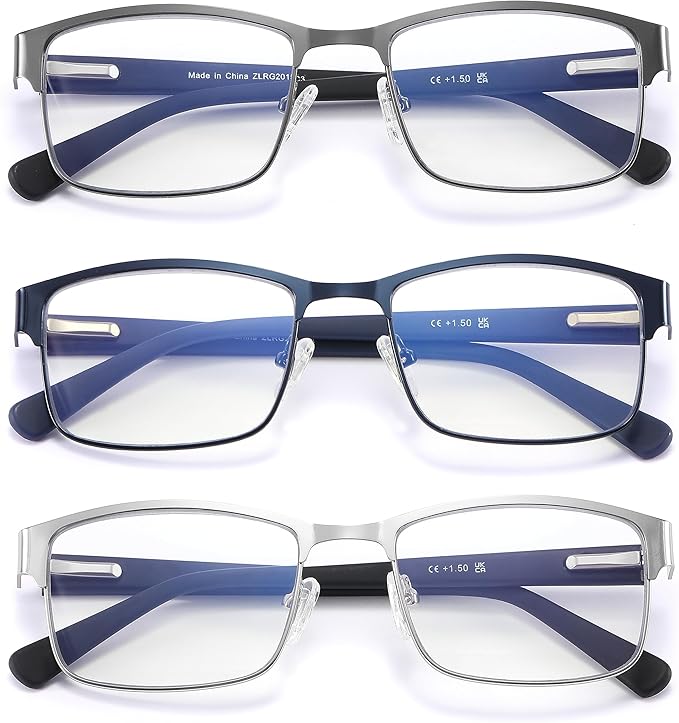 Reading Glasses for Men - 3 Pack Blue Light Blocking Men's Metal Readers