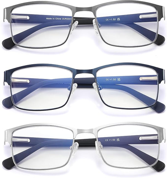 Reading Glasses for Men - 3 Pack Blue Light Blocking Men's Metal Readers