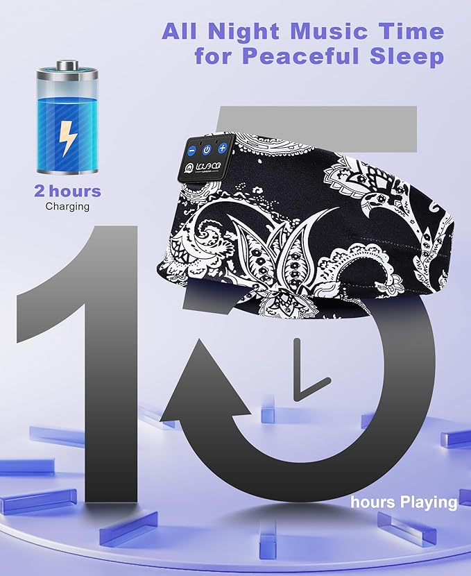 LOVE EYE Sleep Headphones Wireless Headband Headphones Bluetooth 5.4 for Side Sleeper Bluetooth Headband Earphones for Sports for tech Gadgets Gifts (Flower Black)