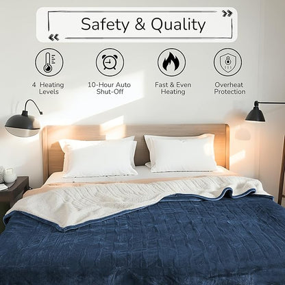 Electric Heated Blanket Queen Size 84"x90" - Dual-Sided with Microplush & Sherpa Fabric, 4 Heat Settings & 10 Hours Auto Off, Dual Controller, Machine Washable - Dark Blue