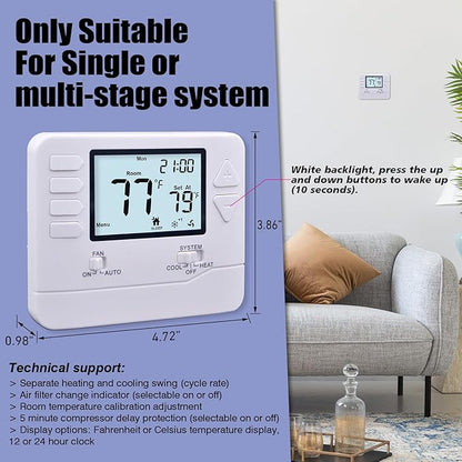 5-1-1 Day Programmable Thermostat for Home Conventional Single or Multistage Systems, up to 2 Heat/ 2 Cool, (with White Backlight)