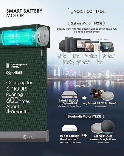 Yoolax Motorized Solar Shades Light Filtering Motorized Blinds with Remote Smart Blinds Work with Alexa Flame Retardant Roller Shades for Windows Home Office Custom Size (3% Openness Jade Green)