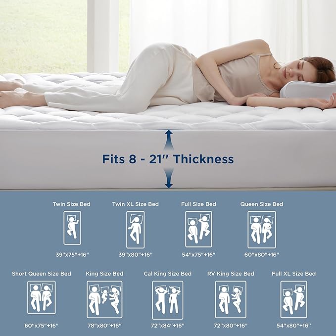 Bedsure Twin Mattress Pad Cover - Quilted Fitted Mattress Topper Protector with 8-21 Inches Deep Pocket, Noiseless Breathable Bed Cover Padded, Machine Washable, White,39x75 Inches